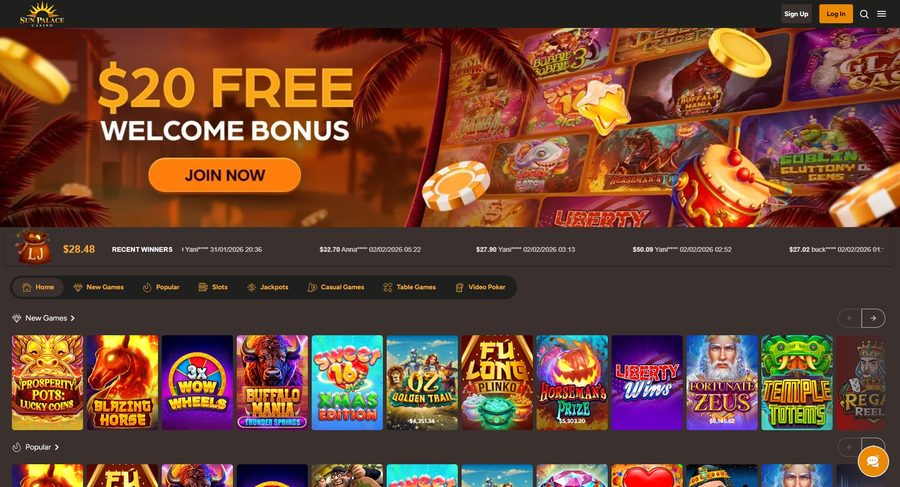 Tela do Sun Palace Casino, testada pela nossa equipe